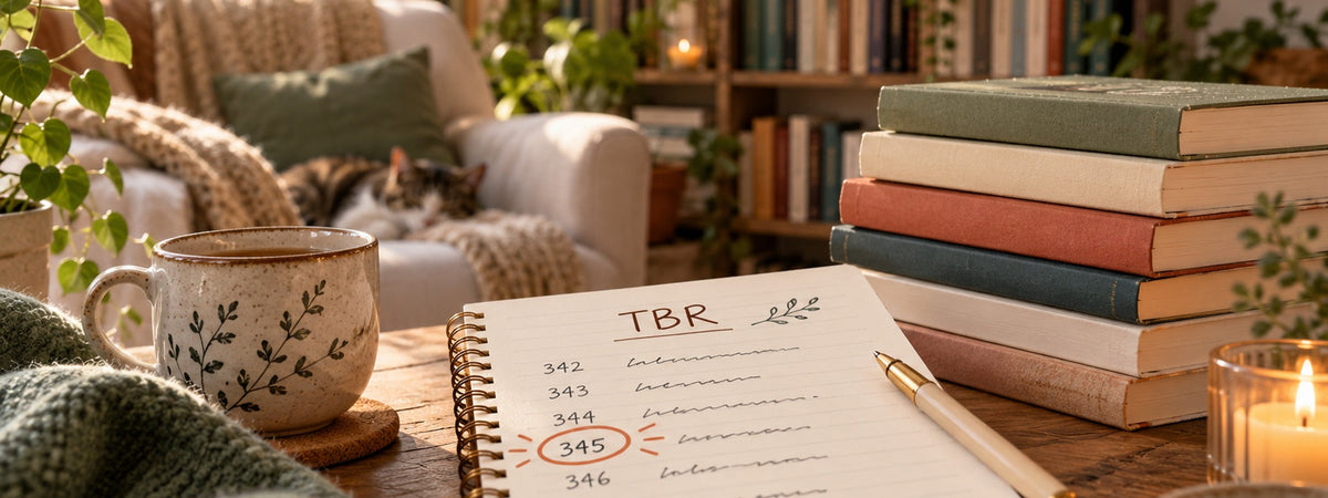 Cozy reading nook with a TBR list highlighting book number 345