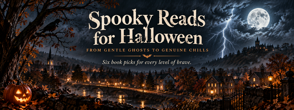 Stormy Halloween night over a spooky town with the title Spooky Reads for Halloween