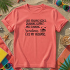 Funny book lover t-shirt in coral pink, "I Like Reading Books, Drinking Coffee" quote