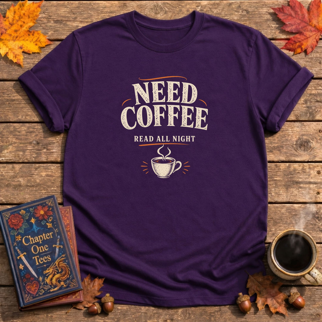 Need Coffee Read All Night book lover t-shirt in Purple